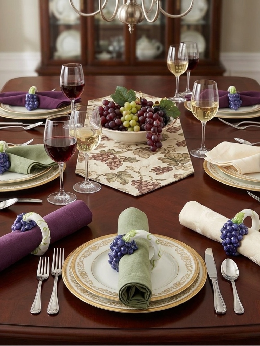 Rare find-Bone China Napkin Rings - Vintage Grape Design Napkin Rings Set of 6